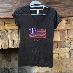 Black see-through top with flag in front
